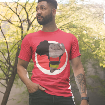 Black Power FIST MOCKUP RED TEE ON BROTHA OUTSIDE